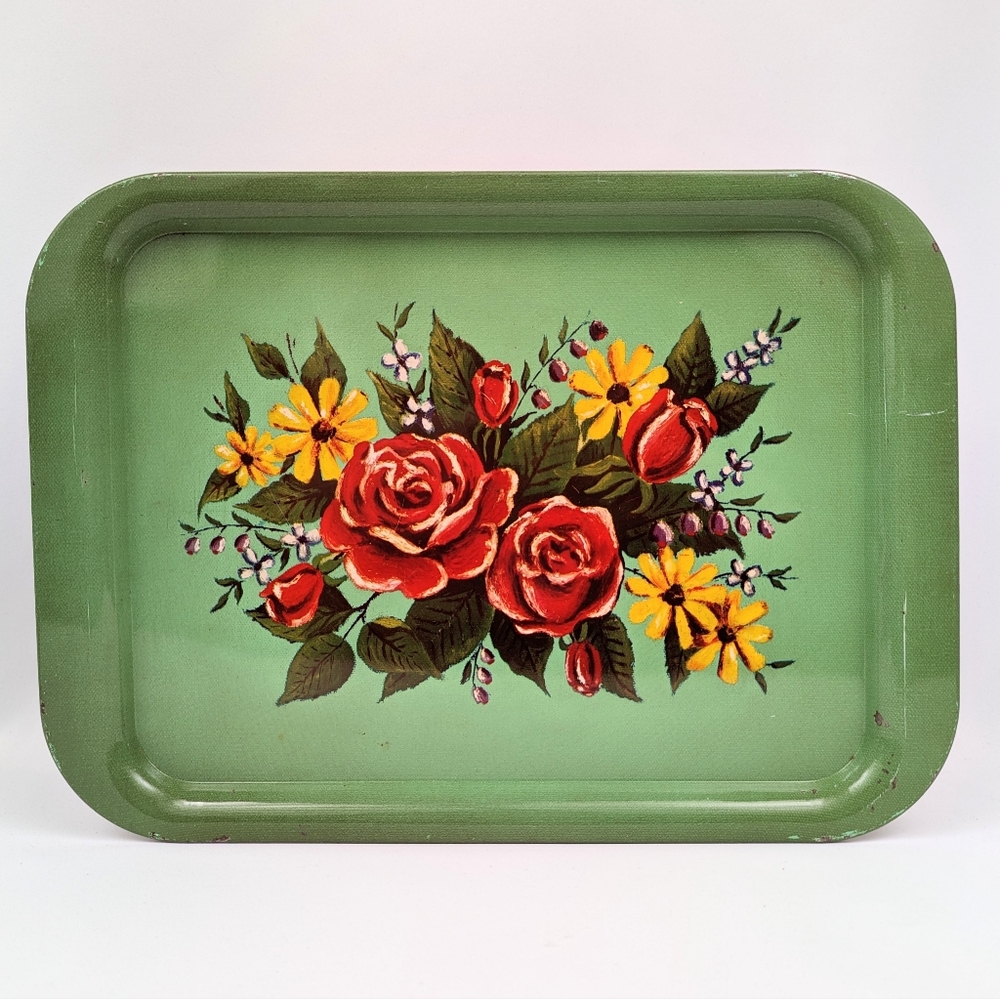 #8 Vintage Tole Painted Metal Tray Retro Floral Roses Cottage Farmhouse Country